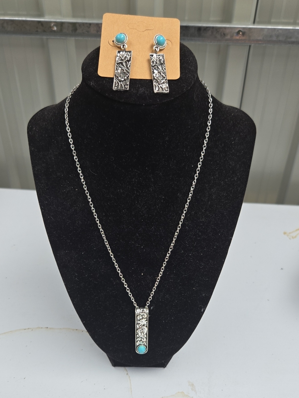 Silver Filigree Pendant Necklace and Turquoise Accent Earrings - Women Jewelry